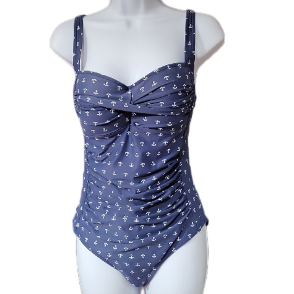 Navy Anchors Aweigh Joanne Twist Front Design Tummy Control One Piece Swimsuit - Picture 3 of 12